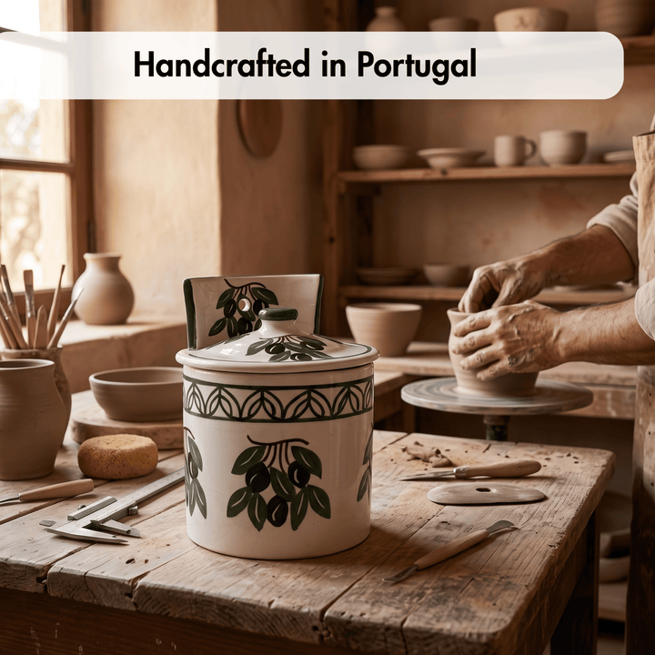 A handcrafted ceramic canister with a matching lid, decorated with dark green olive branch motifs on a warm cream background, displayed on a rustic wooden workbench in a pottery studio. A potter&