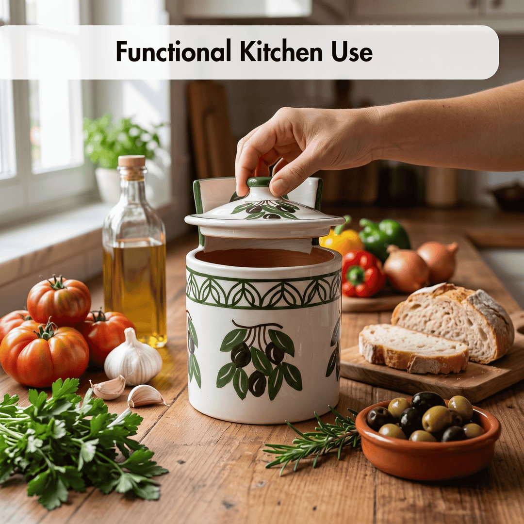 A ceramic kitchen jar with a lid, decorated with green olive branch motifs on a white background, sits on a wooden table in a kitchen setting. A hand is lifting the lid.