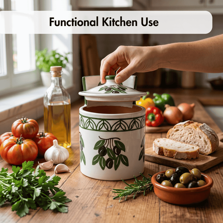 A ceramic kitchen jar with a lid, decorated with green olive branch motifs on a white background, sits on a wooden table in a kitchen setting. A hand is lifting the lid.