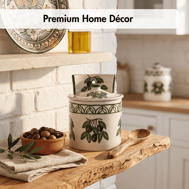 A ceramic canister with a matching lid, decorated with green olive branch motifs on a warm cream background, styled on a rustic wooden shelf next to a bowl of olives and a wooden spoon in a bright kitchen setting.