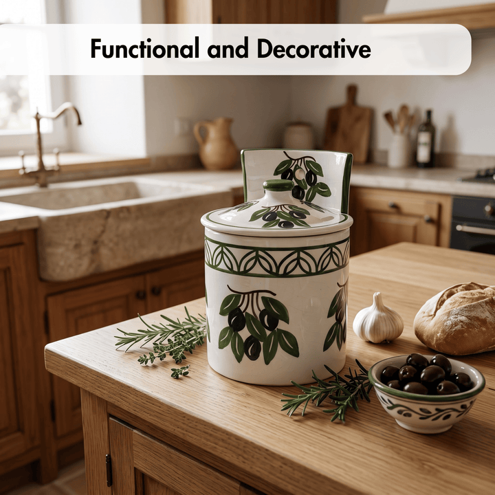 A ceramic canister with a matching lid, decorated with a green olive branch pattern, sits on a wooden kitchen island next to garlic, olives, and herbs. A text overlay at the top reads &