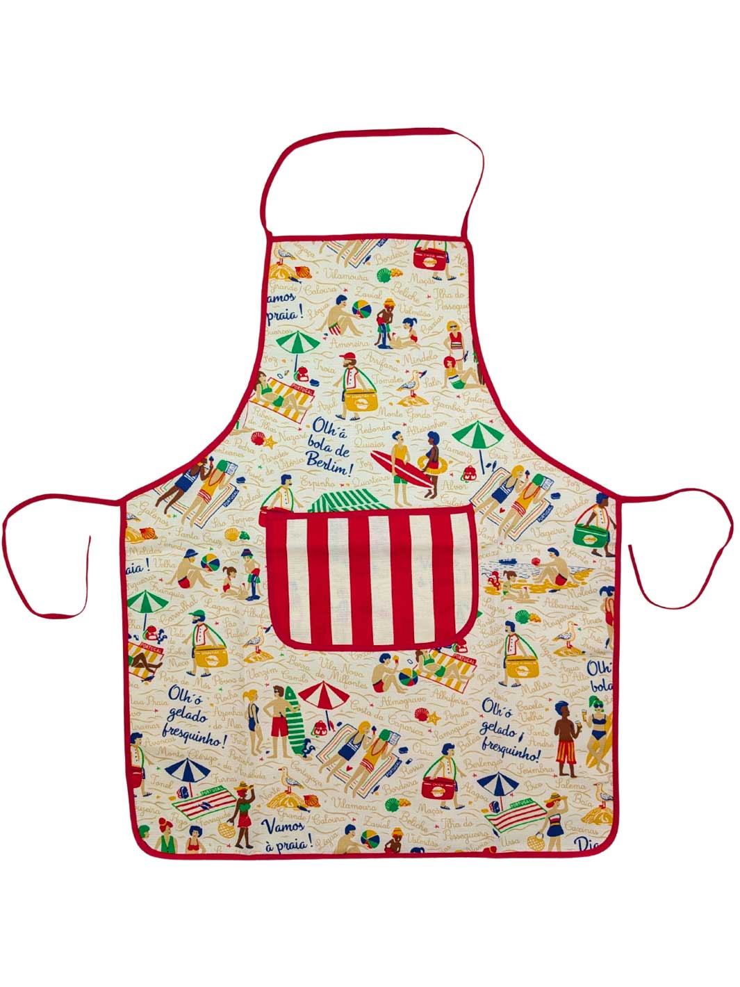 Colorful apron with beach-themed design on a white background