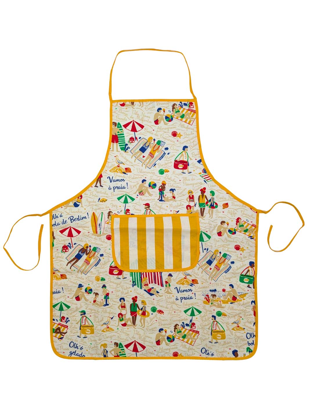 Colorful apron with beach-themed design on a white background