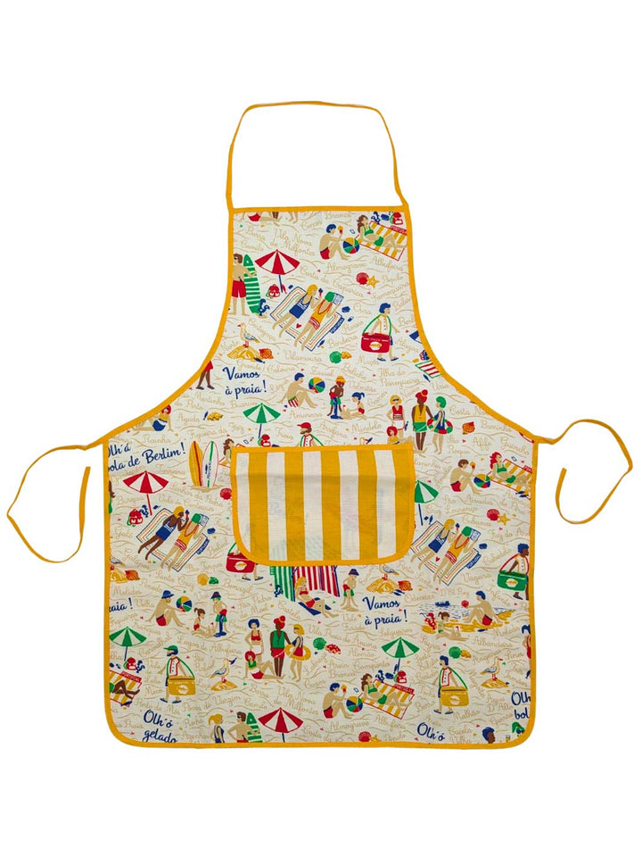 Colorful apron with beach-themed design on a white background