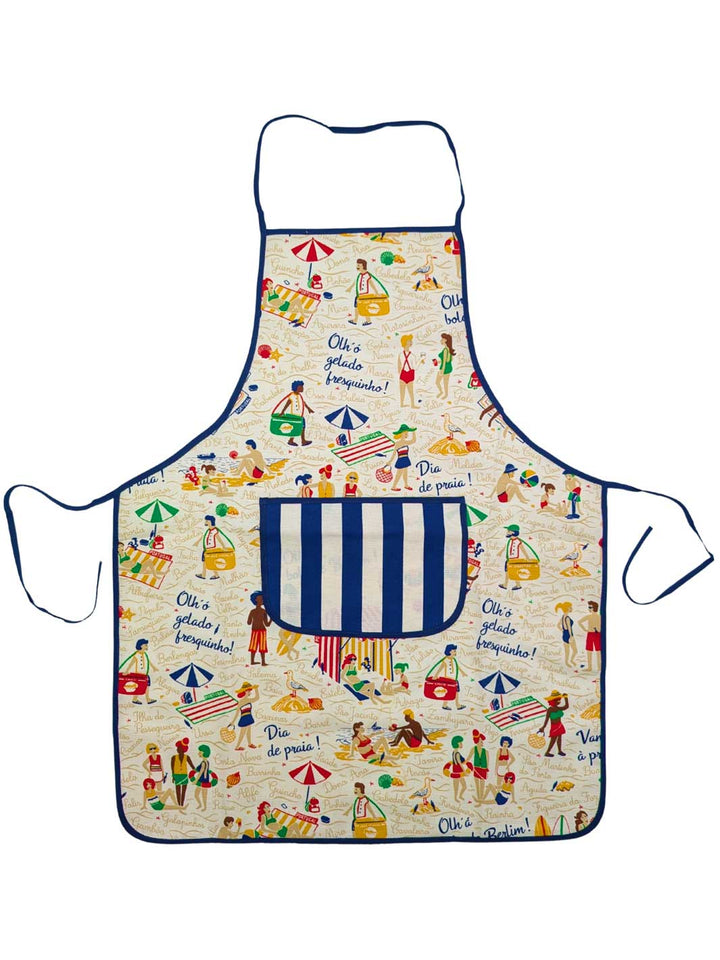 Apron with beach-themed design on a white background