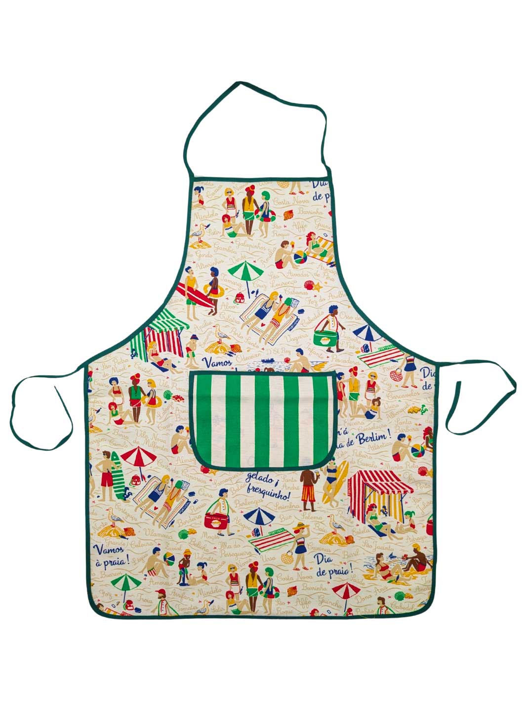 Colorful apron with beach-themed design on a white background