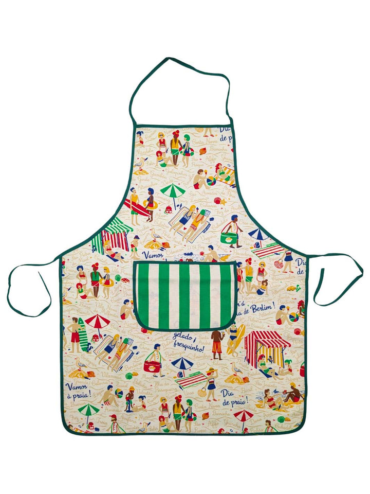 Colorful apron with beach-themed design on a white background