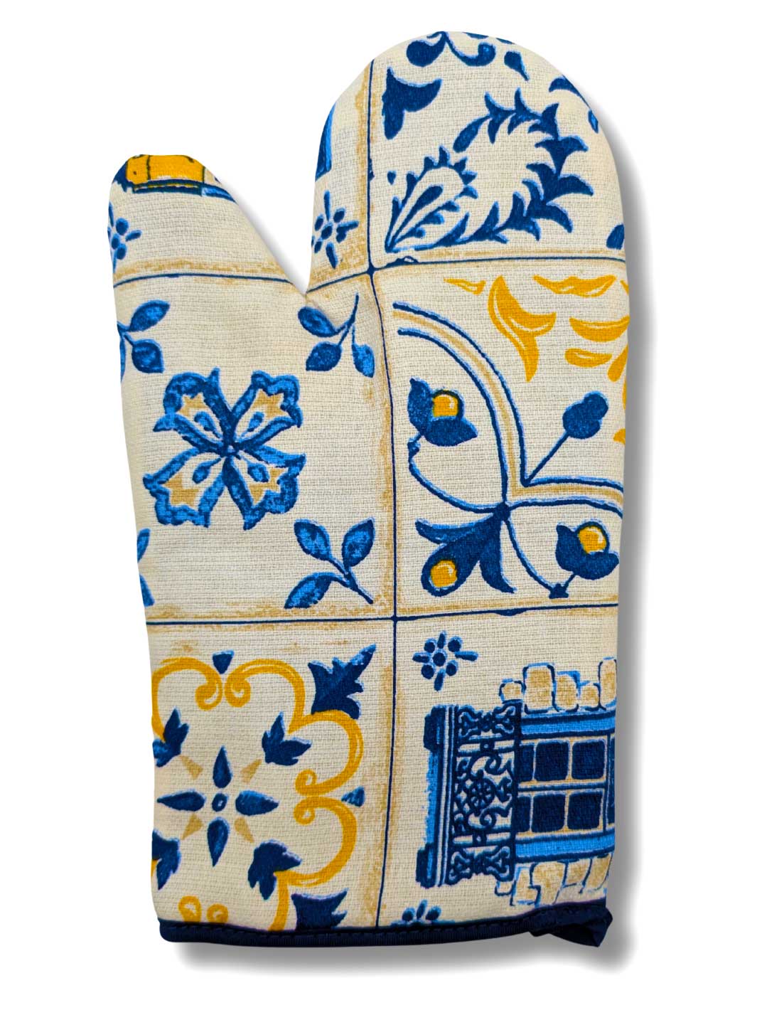 Decorative oven mitt with blue and yellow floral patterns on a white background