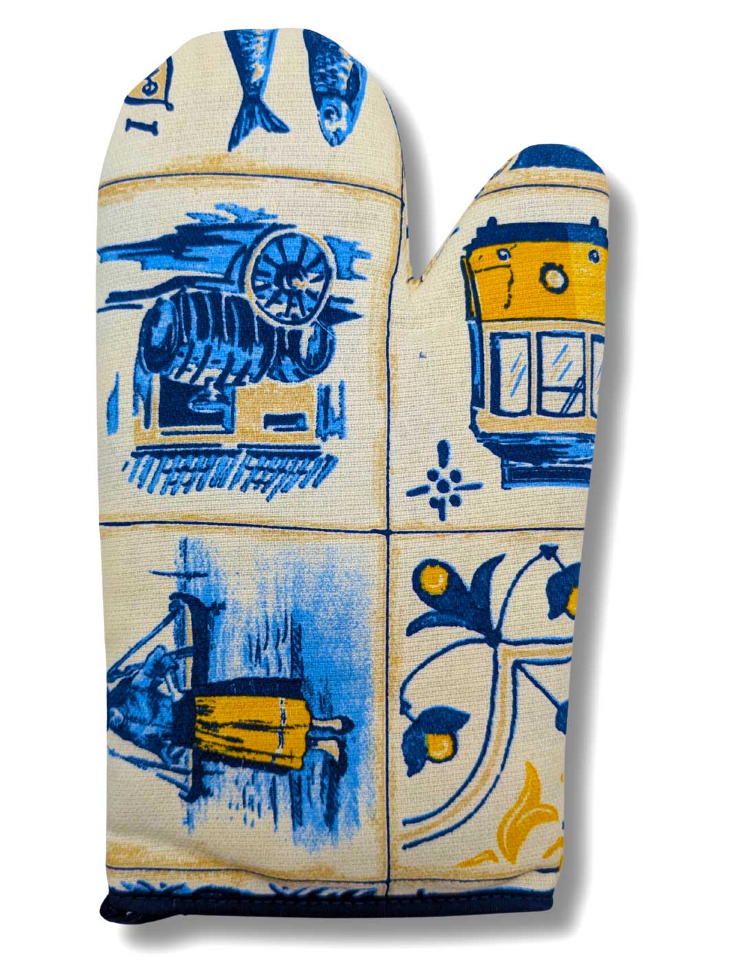 Decorative oven mitt with blue and yellow patterns on a white background
