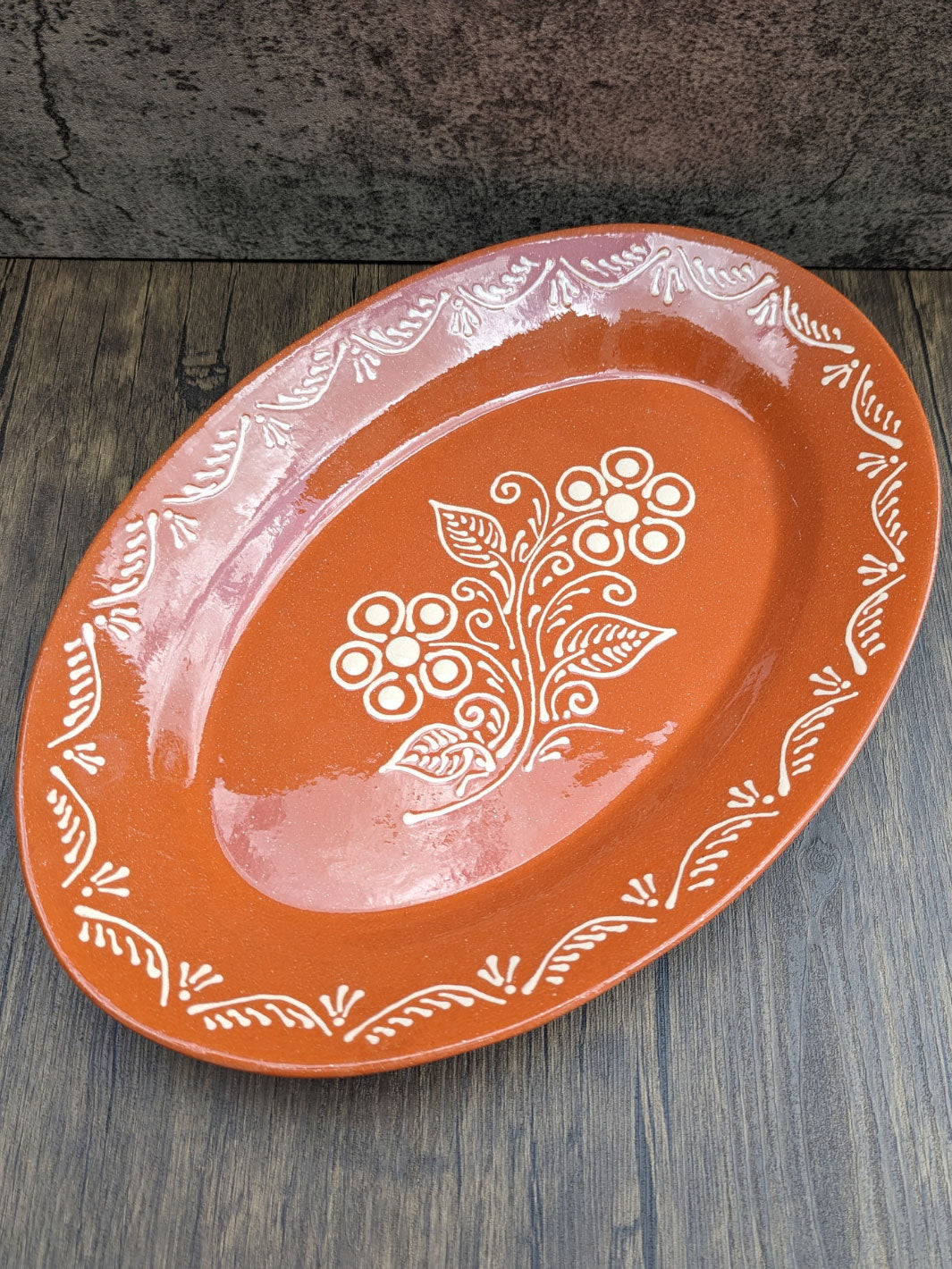 Portuguese Pottery Terracotta Glazed Clay Large Oval Serving Platter