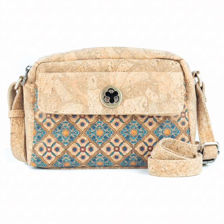 Beige cork handbag with a patterned flap on a white background