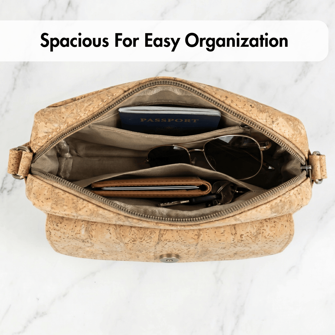 Open cork bag with items on a marble background, text 'Spacious For Easy Organization'.