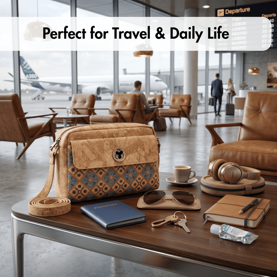 Brown leather bag on a table with travel items in an airport lounge.