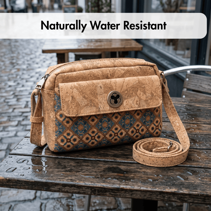 Cork handbag with patterned flap on a wooden table outdoors, labeled 'Naturally Water Resistant'.