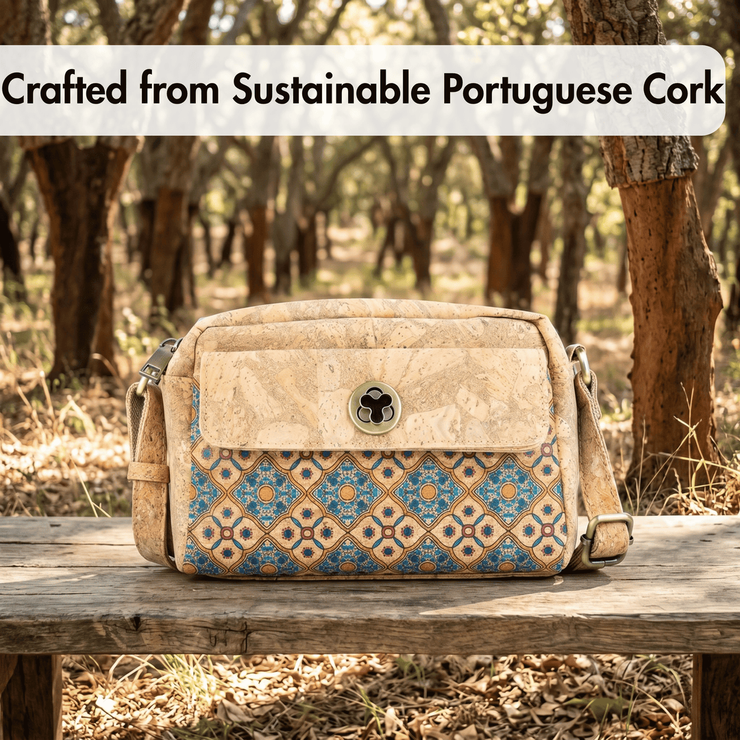 Cork handbag with geometric pattern on a wooden bench in a forest setting, with text 'Crafted from Sustainable Portuguese Cork'.