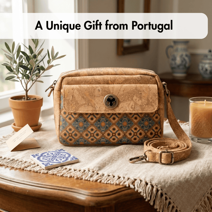 Cork handbag with decorative pattern on a table with a plant and candle in the background.