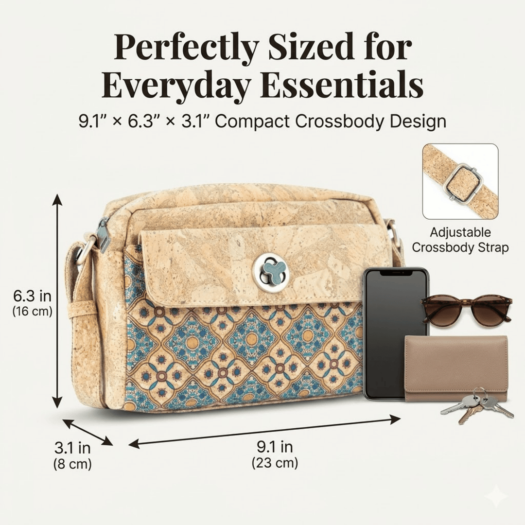 Compact crossbody bag with patterned design, measurements, and accessories on a white background