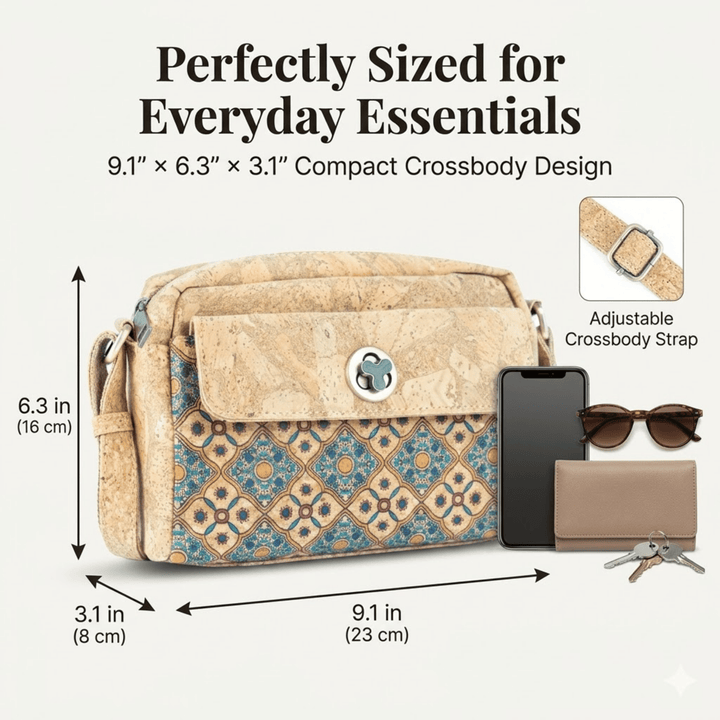 Compact crossbody bag with patterned design, measurements, and accessories on a white background