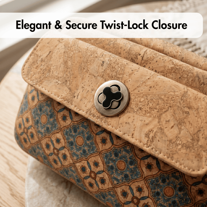 Patterned clutch bag with a twist-lock closure on a neutral background