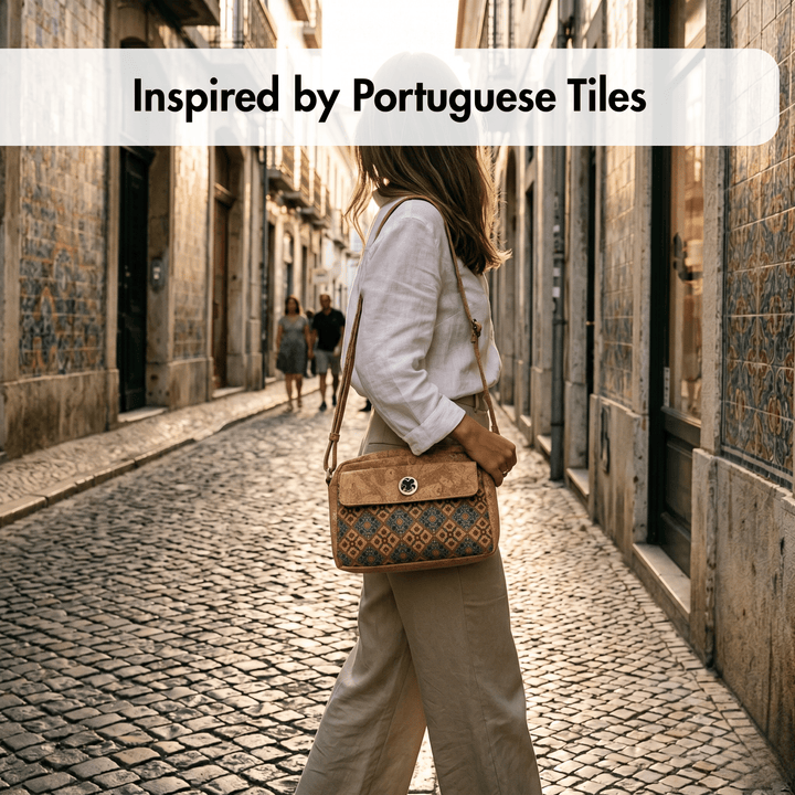 Woman walking down a narrow street in an old town, holding a patterned handbag with text 'Inspired by Portuguese Tiles'.