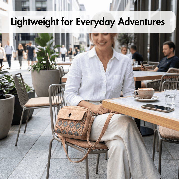 Woman sitting at an outdoor cafe with a handbag, text 'Lightweight for Everyday Adventures'.