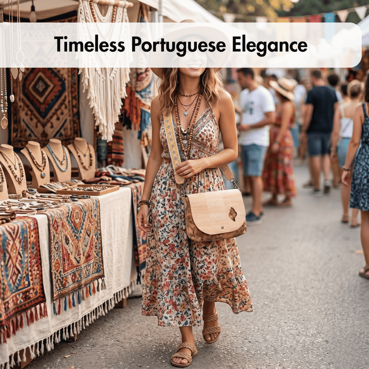 Woman in a floral dress with a wooden bag walking through a market with 'Timeless Portuguese Elegance' text.