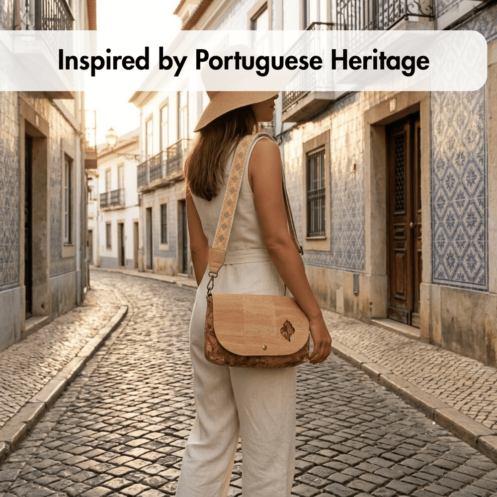 Woman walking down a cobbled street in an old town, inspired by Portuguese heritage.