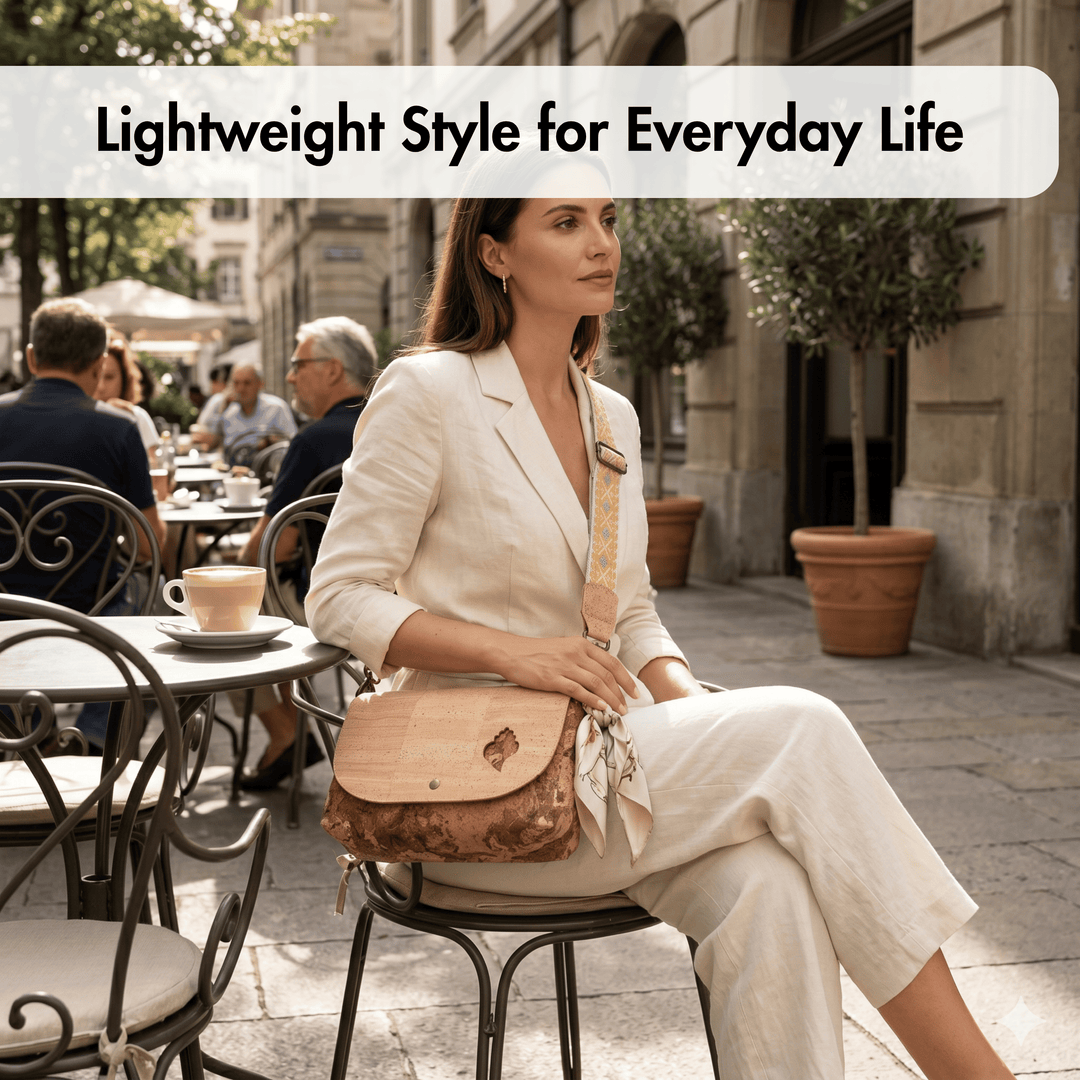 Woman in a light outfit sitting outdoors with a bag, text 'Lightweight Style for Everyday Life'.