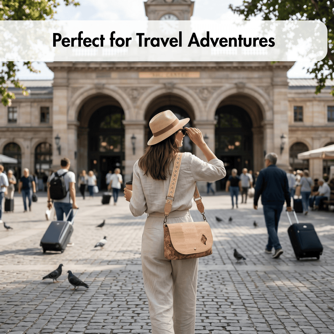 Woman in a hat and beige outfit with a shoulder bag in an urban setting, text 'Perfect for Travel Adventures'.