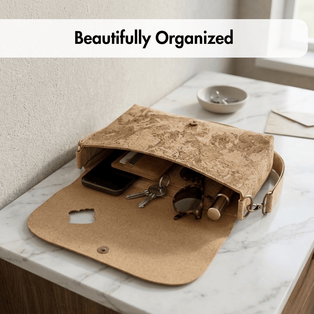 Cork bag with various items on a marble surface, text 'Beautifully Organized' above.