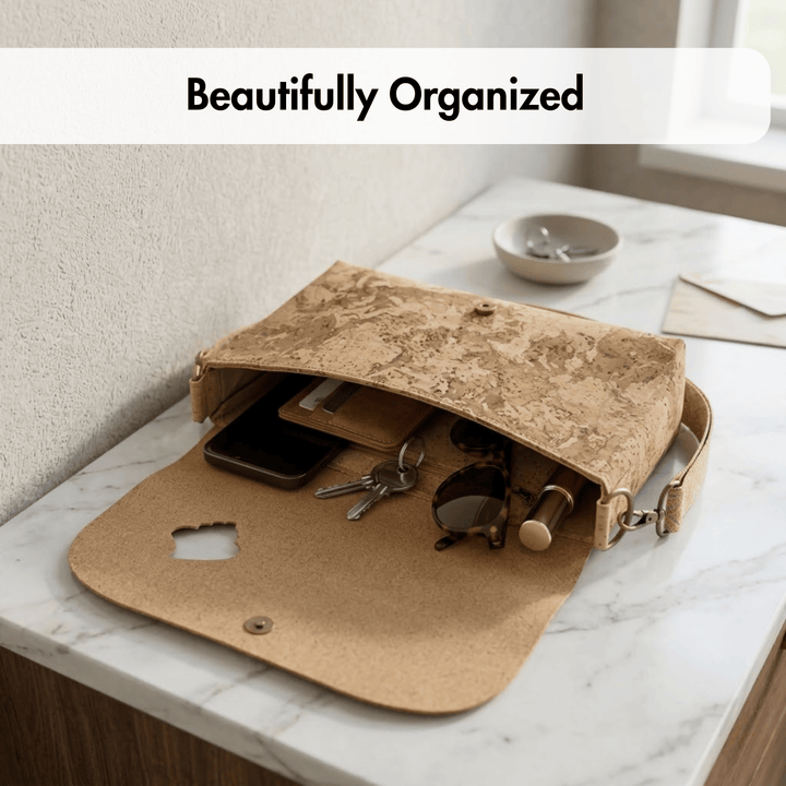 Cork bag with various items on a marble surface, text 'Beautifully Organized' above.