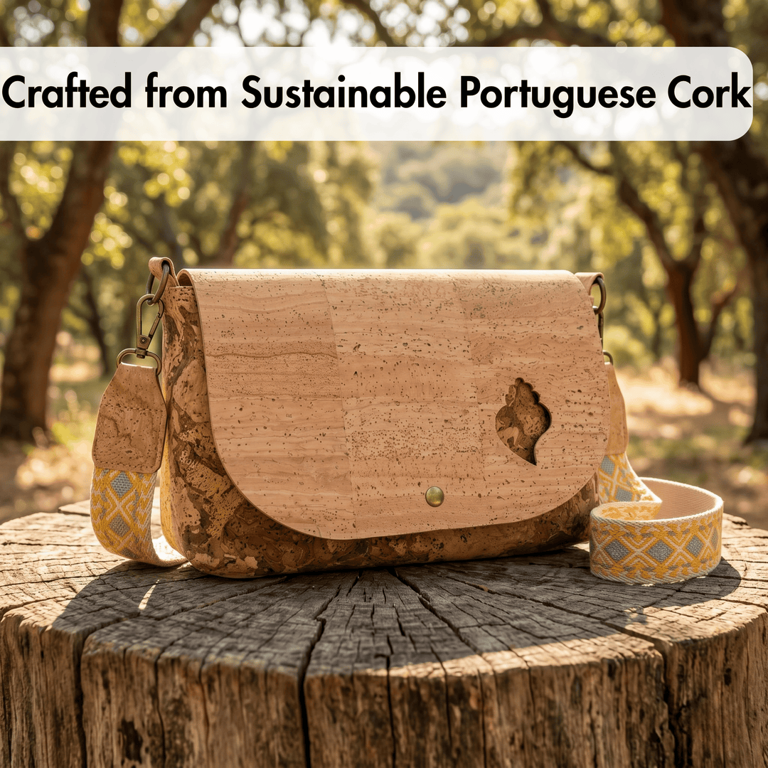 Cork handbag on a wooden stump with trees in the background, labeled 'Crafted from Sustainable Portuguese Cork'.