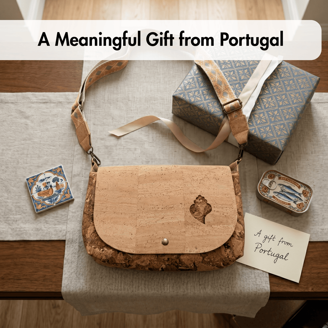 Cork handbag with decorative tiles and a gift box on a wooden surface, labeled 'A Meaningful Gift from Portugal'.