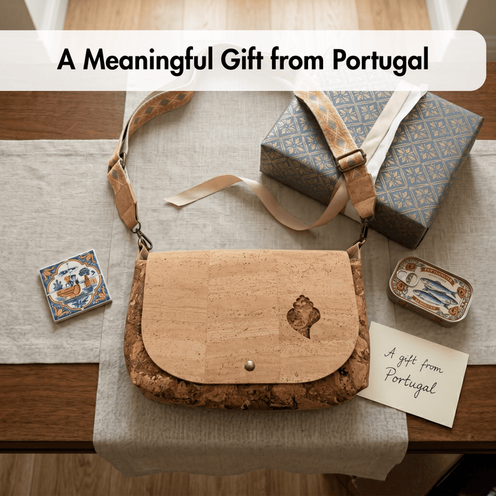 Cork handbag with decorative tiles and a gift box on a wooden surface, labeled 'A Meaningful Gift from Portugal'.