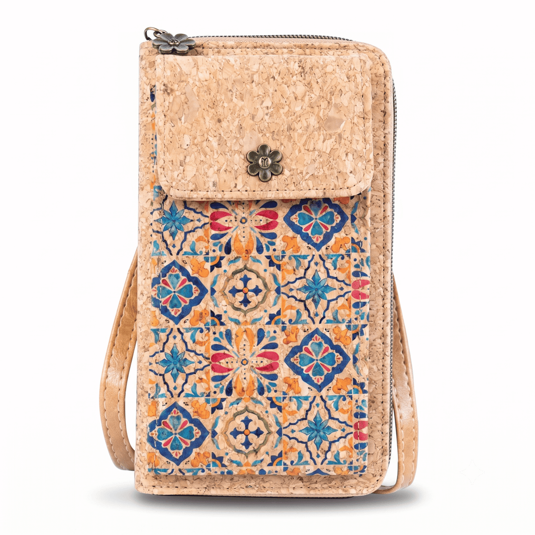 Cork handbag with a colorful pattern on a white background