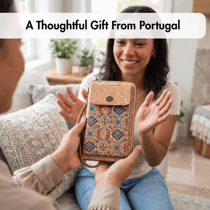 Person holding a cork handbag to another person with text 'A Thoughtful Gift From Portugal'.