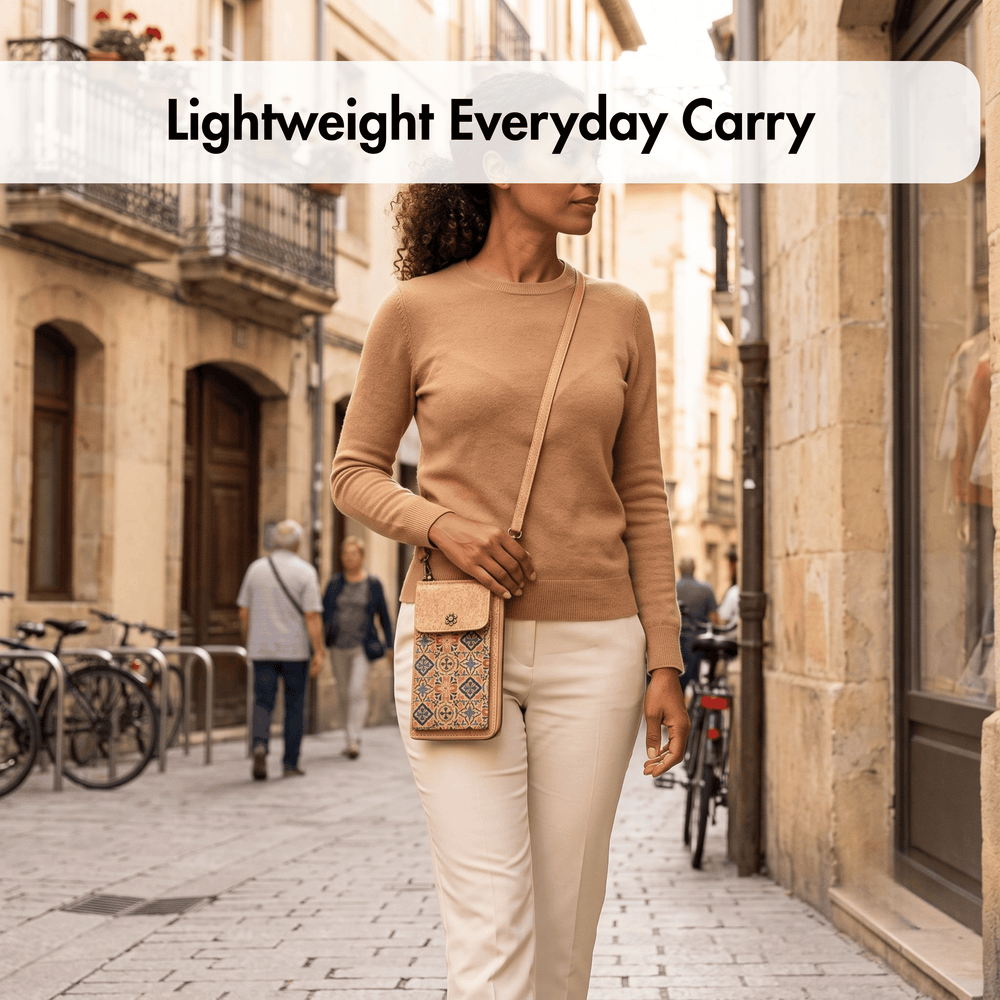Woman walking down a street with a cork crossbody bag, text 'Lightweight Everyday Carry' above.