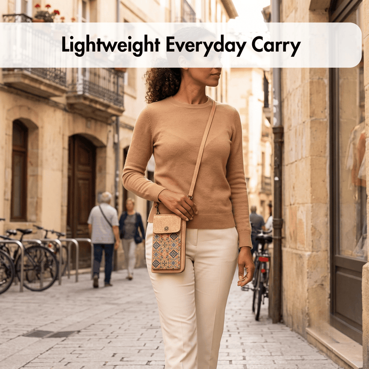 Woman walking down a street with a cork crossbody bag, text 'Lightweight Everyday Carry' above.