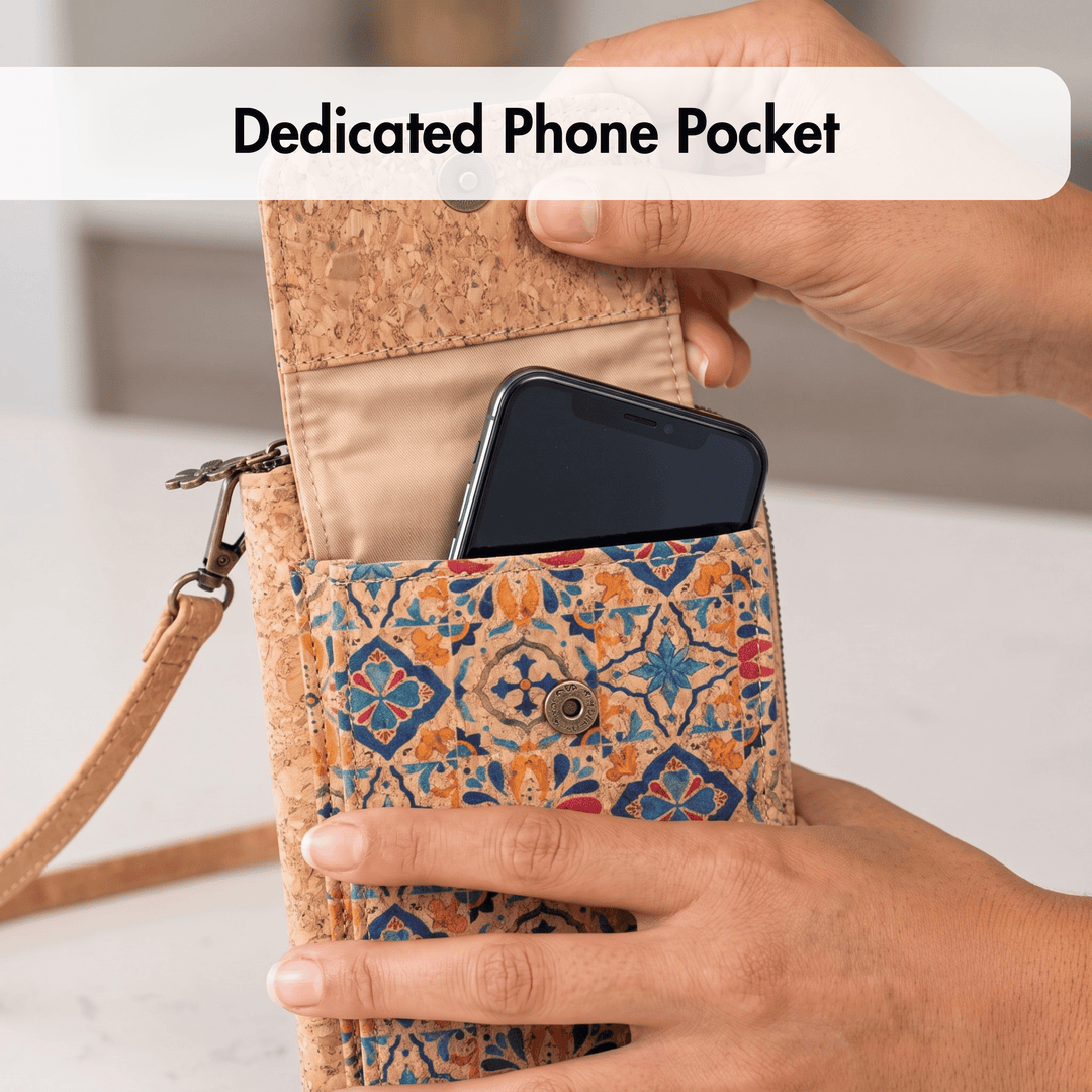Hand holding a cork patterned phone pocket with a phone inside, labeled 'Dedicated Phone Pocket'.