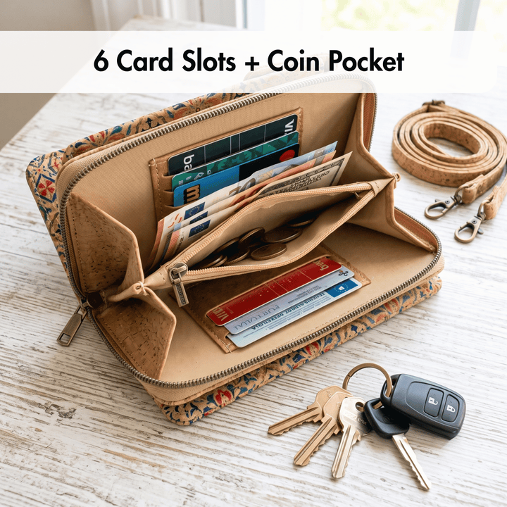 Open cork wallet with card slots and coin pocket on a wooden surface, keys and car key fob nearby.