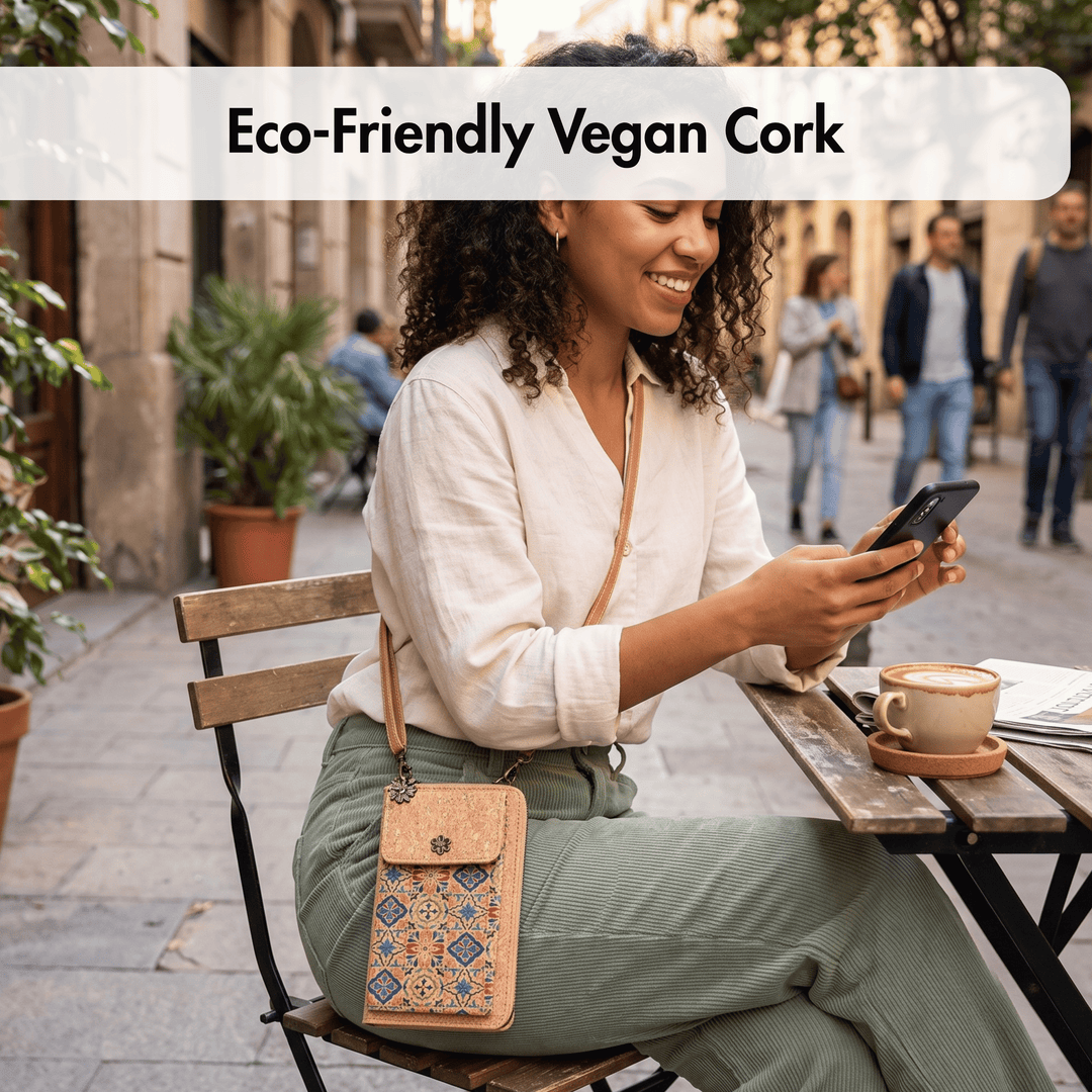 Woman sitting outdoors using a phone with an eco-friendly vegan cork handbag.