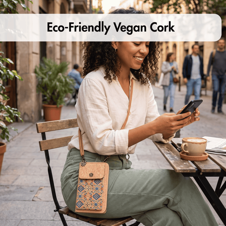 Woman sitting outdoors using a phone with an eco-friendly vegan cork handbag.