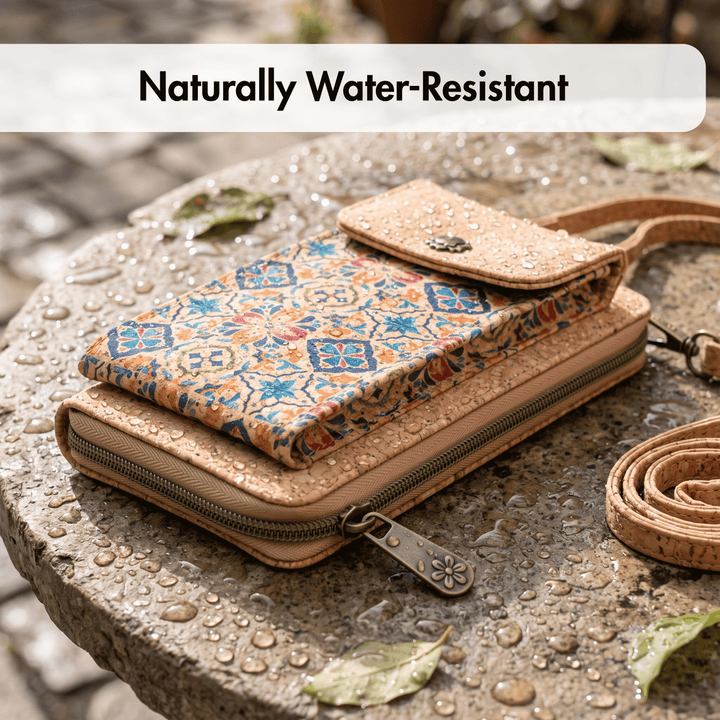 Water-resistant cork pouch with floral pattern on a wet surface