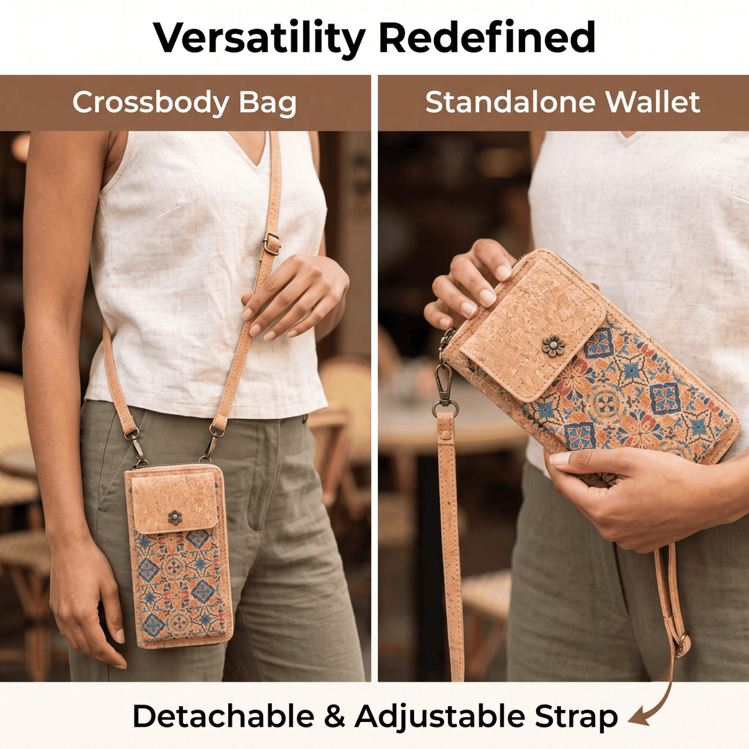 Crossbody cork bag and standalone wallet with detachable & adjustable strap, shown on a person.