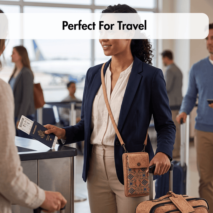 Woman at an airport with cork wallet, luggage and passport, text 'Perfect For Travel' above.