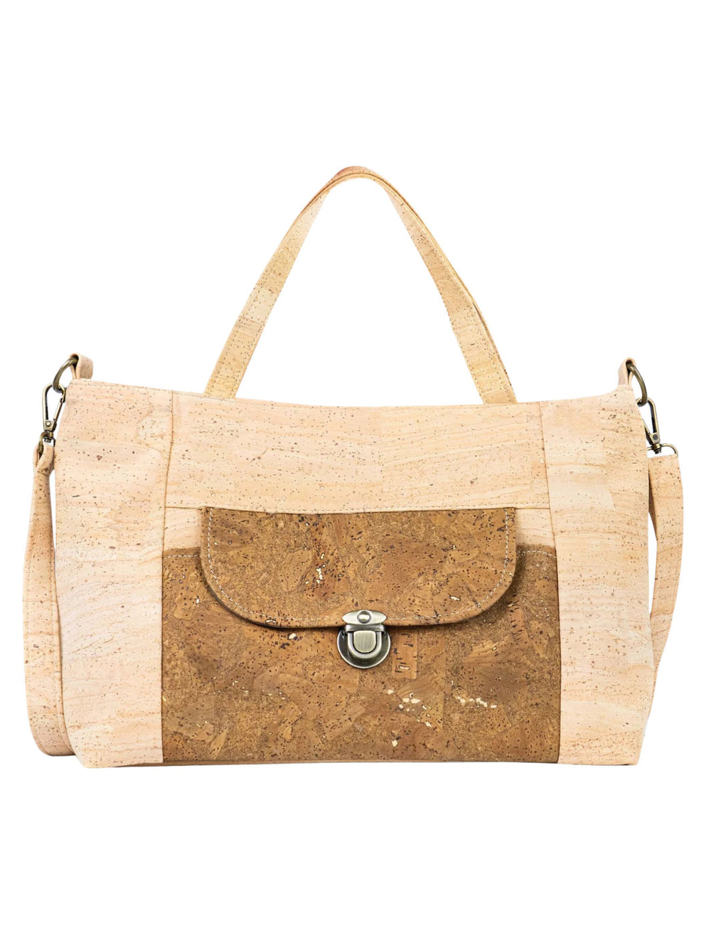 Cork handbag with a shoulder strap on a white background