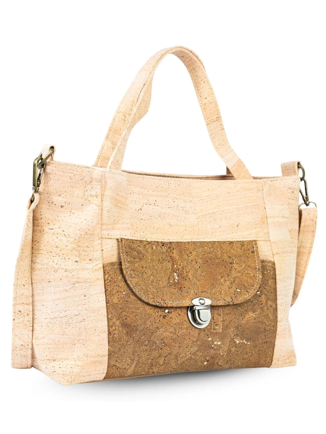 Cork handbag with a flap closure on a white background