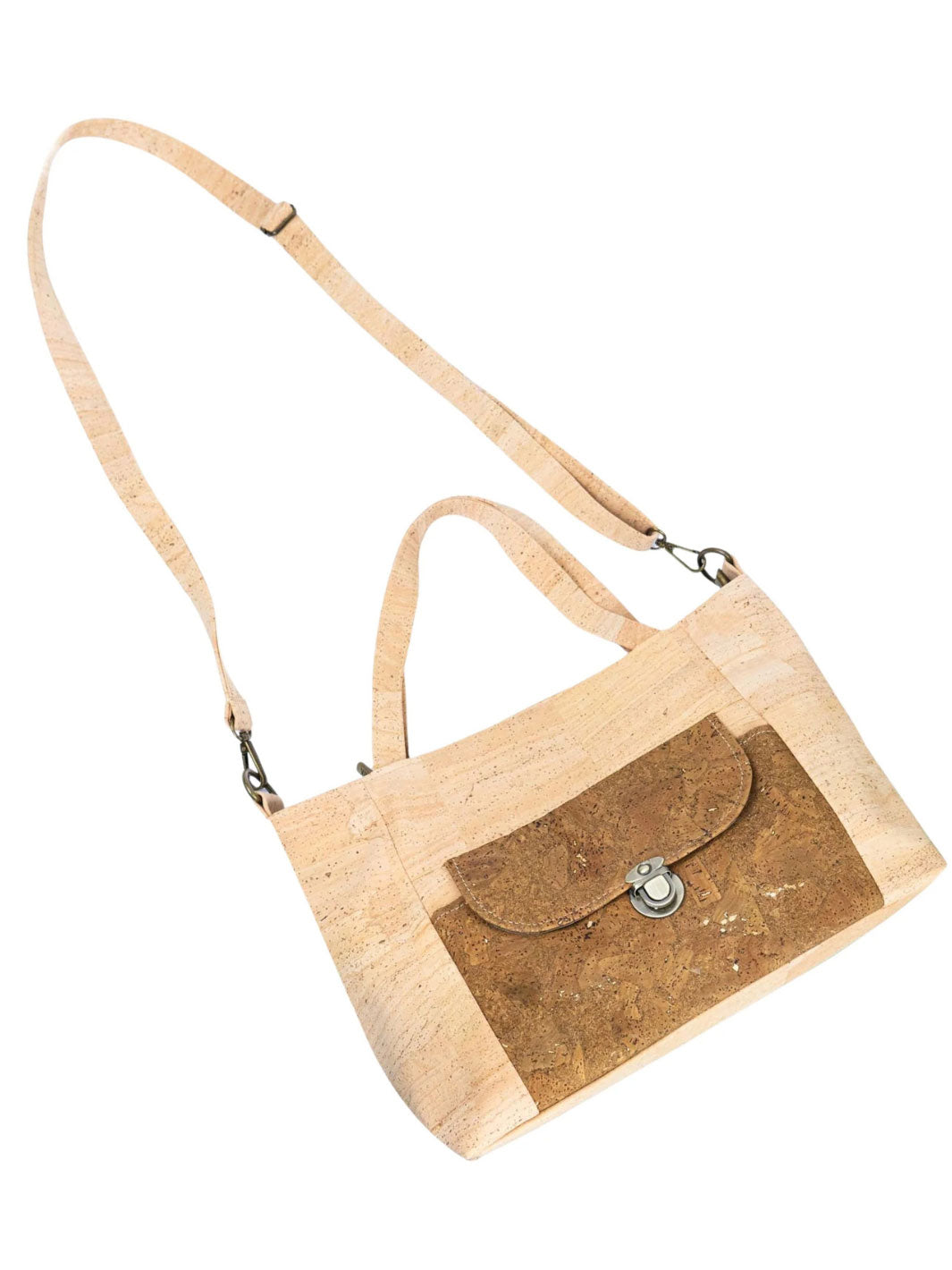 Beige cork handbag with a brown flap on a white background