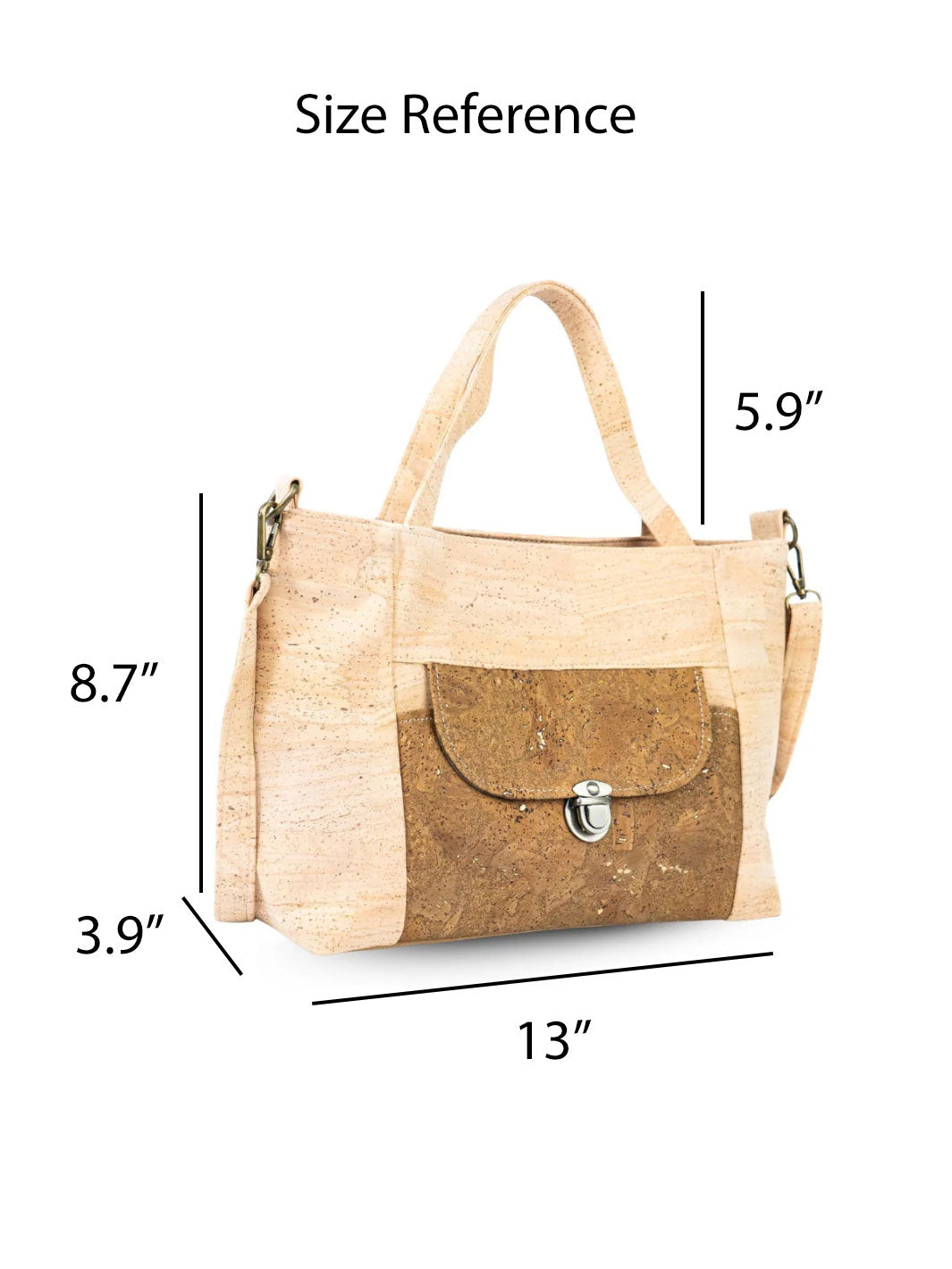Cork handbag with dimensions labeled on a white background