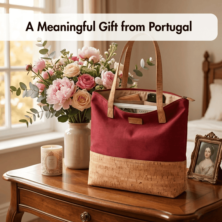 Red and cork tote bag on a wooden table with flowers and a candle